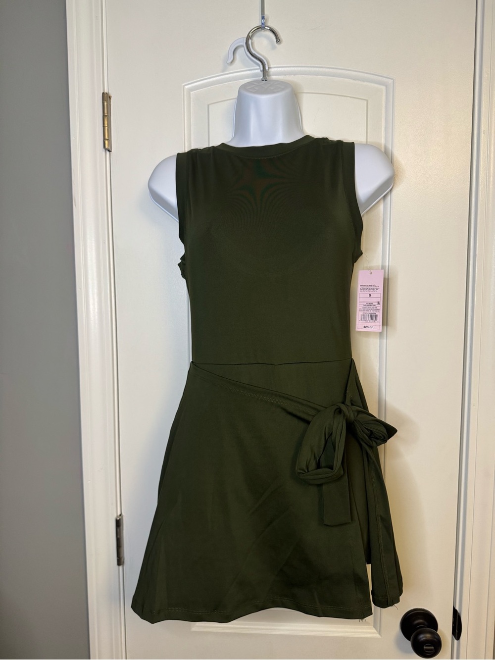 Sleeveless Olive Green Tie-Waist Dress with biker shorts